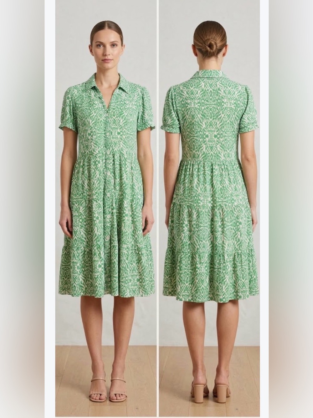 Green Printed Short-Sleeve Tiered Shirt Dress